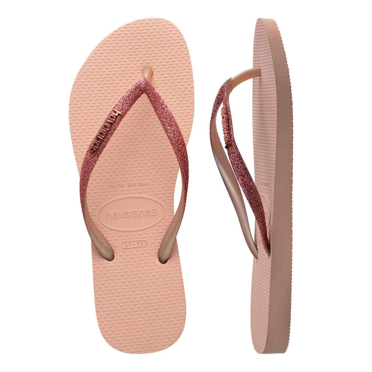 Chinelos Havaianas Slim Glitter II mostrando detalhes das tiras com glitter e sola fina